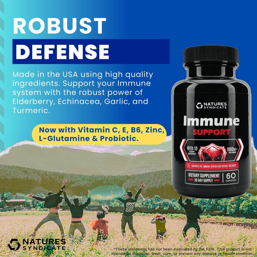 Immunitet Support - 10-in-1 med Echinacea, Elderberry, Hvidløg, gurkemeje med zink, C-vitamin, E, B6 & L- glutamin, 4.8 Millioner CFU Probiotika for voksne