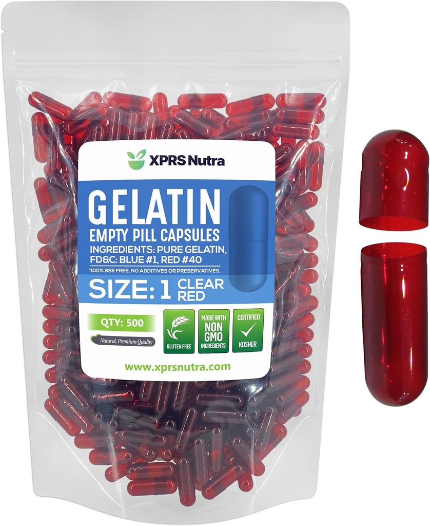 XPRS Nutra Størrelse 1 Tomme kapsler - 500 Greve Farvede Tomme Gelatine kapsler - Pille gør det supplement Kapselfyld - Fyldelig farve Gel Caps piller til Do- It- Yourself Kosttilskud (Clear Red)