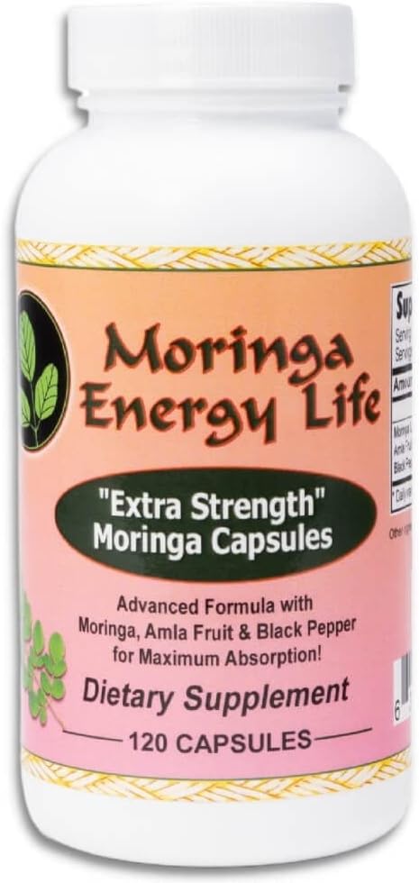 Moringa Energy Life Moringa Extra Strength Capsules 120, Moringa Oleifera Leaf, Amla Fruit, Black Pepper. Glutenfri, Non- GMO, Vegan Supplement