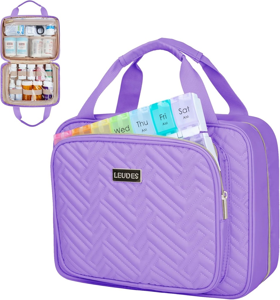 Leudes Travel Pill Flaske Organizer, Medicin Organizer og Opbevaring, Home Medication Bag, Cases, Carrier til piller, Vitamin, Fish Oil, Kosttilskud til kvinder og mænd (Medium, Purple)