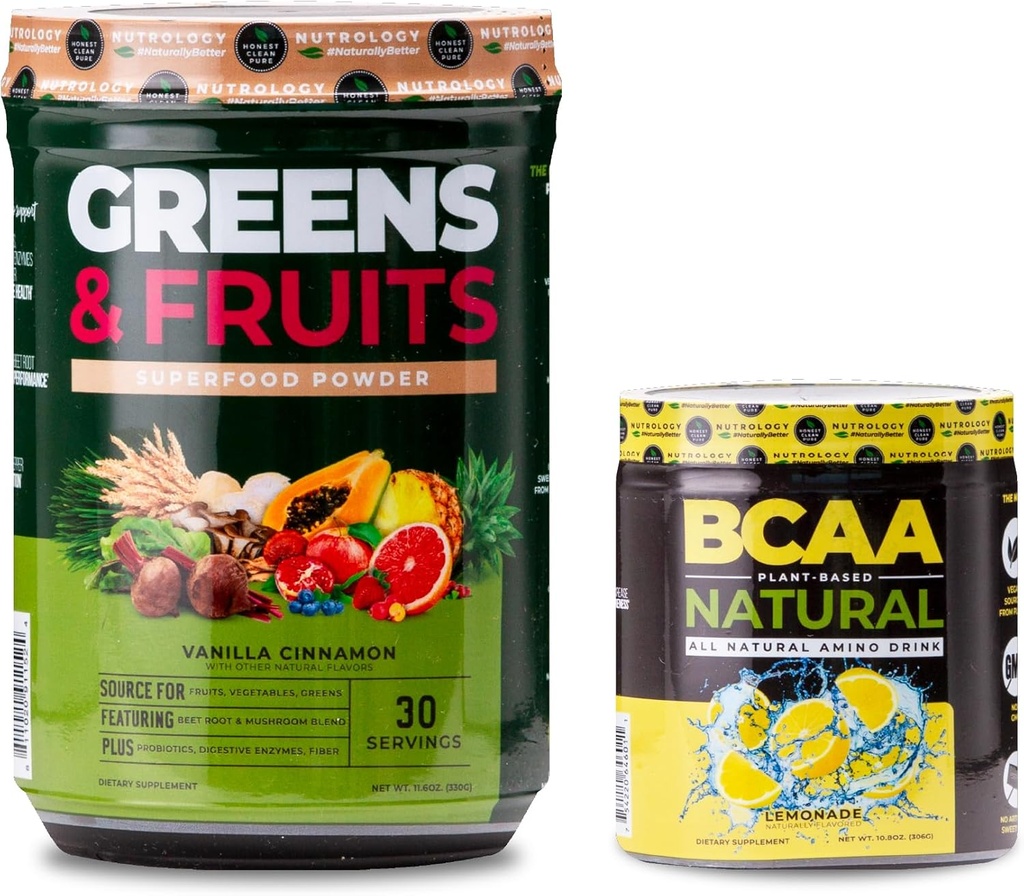 Nutrologi Grønne & frugter Powder- naturligt sourced superfood, Vanilla kanel (30 Servere) BCAA Natural, Plant baseret BCAA pulver, Lemonade Flavor (30 Servere)