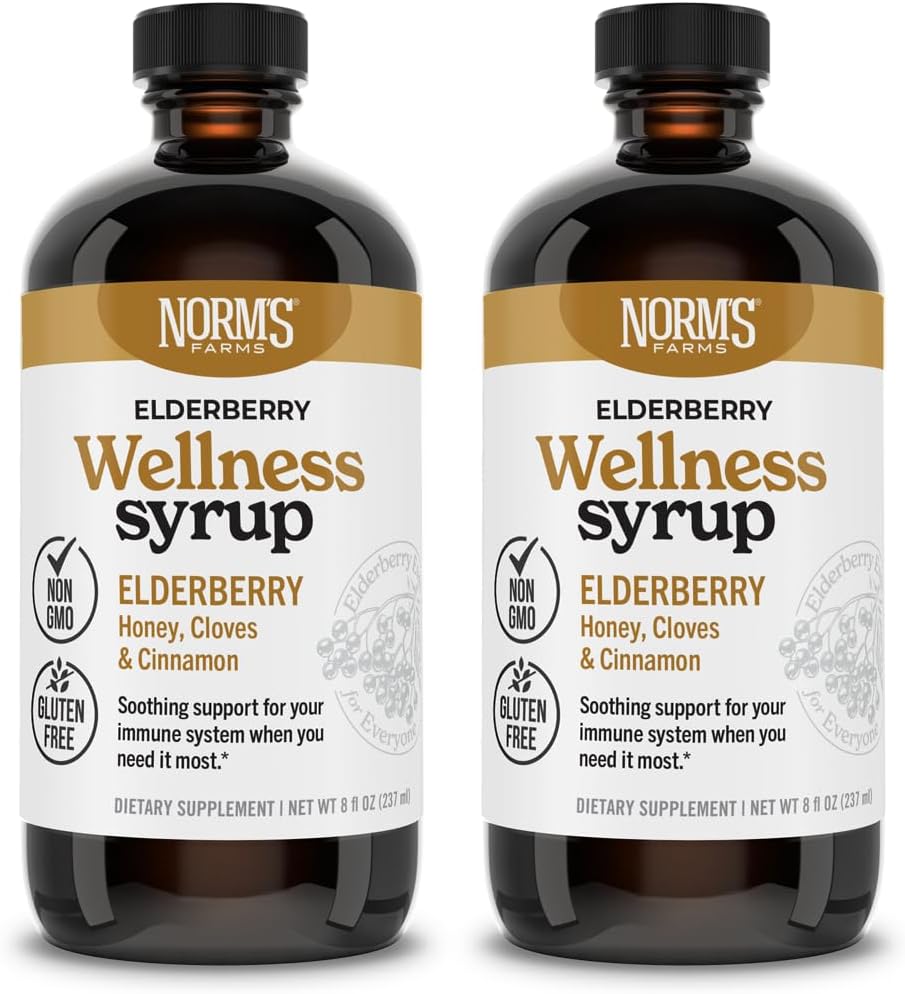 Norm 's Farms Wellness Black Elderberry Syrup med honning, kanel & nelliker - Lavet i USA, Naturlig immunforsvar, Ingen Alkohol eller Fillers, Glutenfri, Non- GMO, Vegan, Pure Elderberry Syrup - 2PK 8 Oz