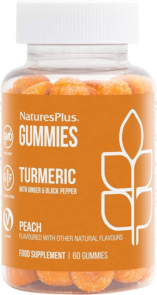 NaturePlus Gummies Gurkemeje - 60 Gummies, Peach - Understøtter fælles, fordøjelsesmæssige & hjerte-kar sundhed - Vegan, Gluten Free, Non- GMO - 30 Serveringer