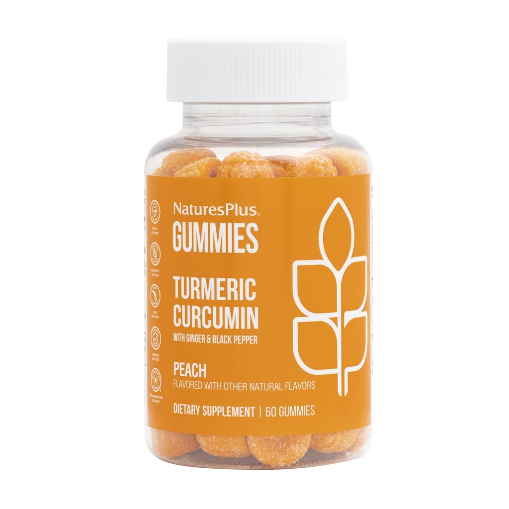 NaturePlus Gummies Gurkemeje - 60 Gummies, Peach - Understøtter fælles, fordøjelsesmæssige & hjerte-kar sundhed - Vegan, Gluten Free, Non- GMO - 30 Serveringer
