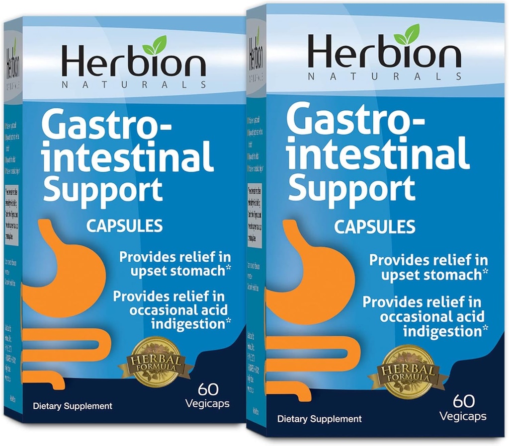 HERBION Naturals Gastro- intestinal Support Herbal Blend for Upset Mavesæk Relief, Gastrointestinal Sundhed og funktion, Lejlighedsvis Syrefordøjelse, Sund Intestinal Flora, 60 Vegicaps - Pakning med 2