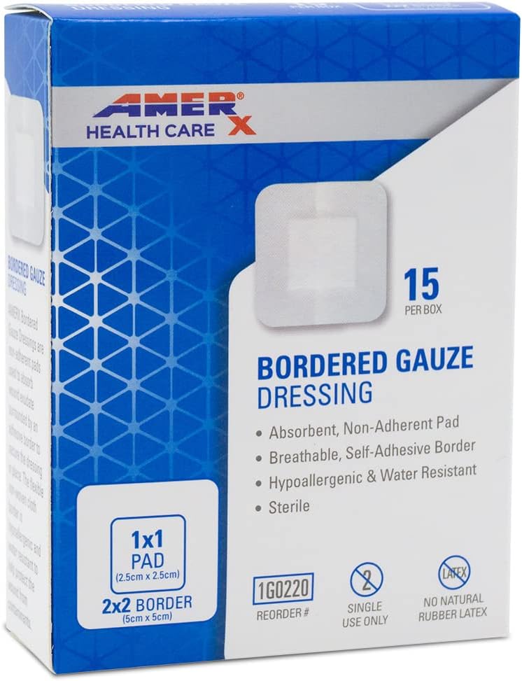 2 "x 2" Dressing (1x1 Pad) AMERX Bordered Gauze - Adhesive Bandages - Vand resistent barriere - Self Adhesive Border - Breatable, Hypoallergen - 15 Pads Per Box