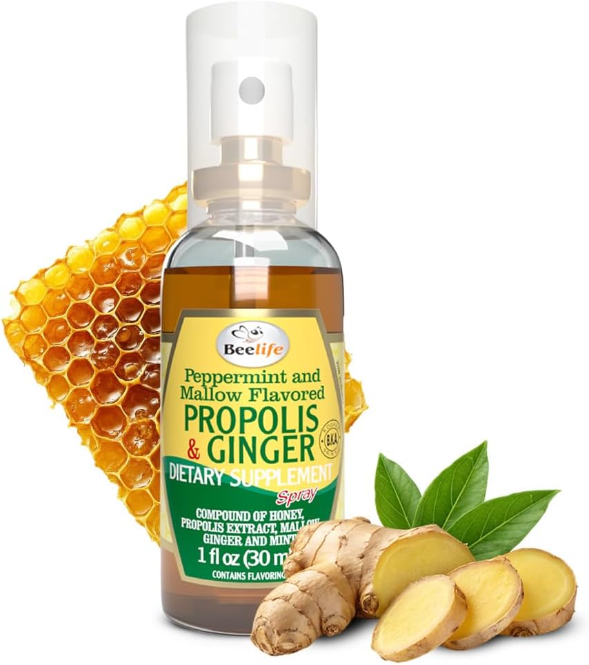 Beelife Propolis Throat Spray - Lindrende honning & Ginger Propolis - Naturlig immunforsvar & Sore Throat Relief, Antioxidanter, Rig i flavonoider & artepillin C, Ingen sukker, Gluten- Free - 1 -Pack, 30ml