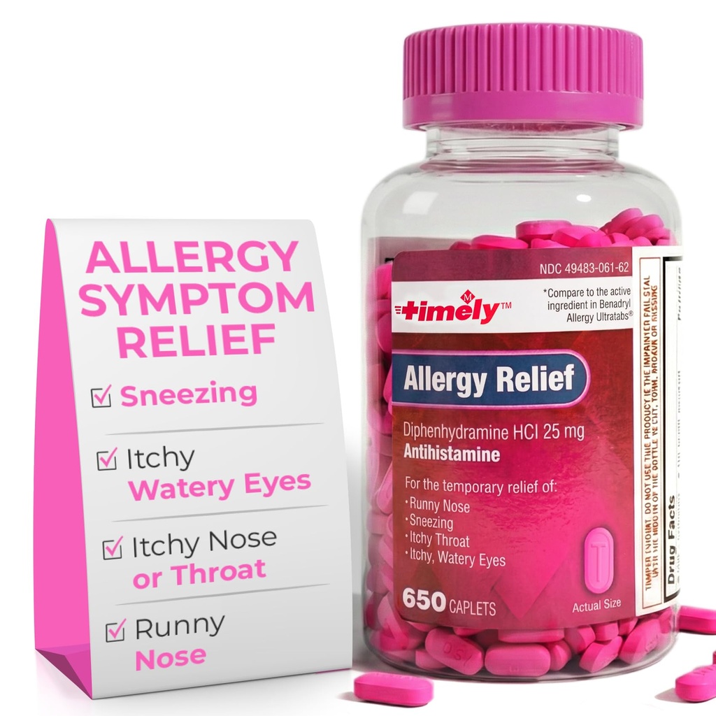 Timevis Allergi Relief Diphenhydramin HCl 25 mg - 650 kapsler - Sammenlignet med Benadryl Allergy Ultratab - Antihistamin - Allergi Medicin - Runny Næse Relief for voksne - Watery Eyes Treatment