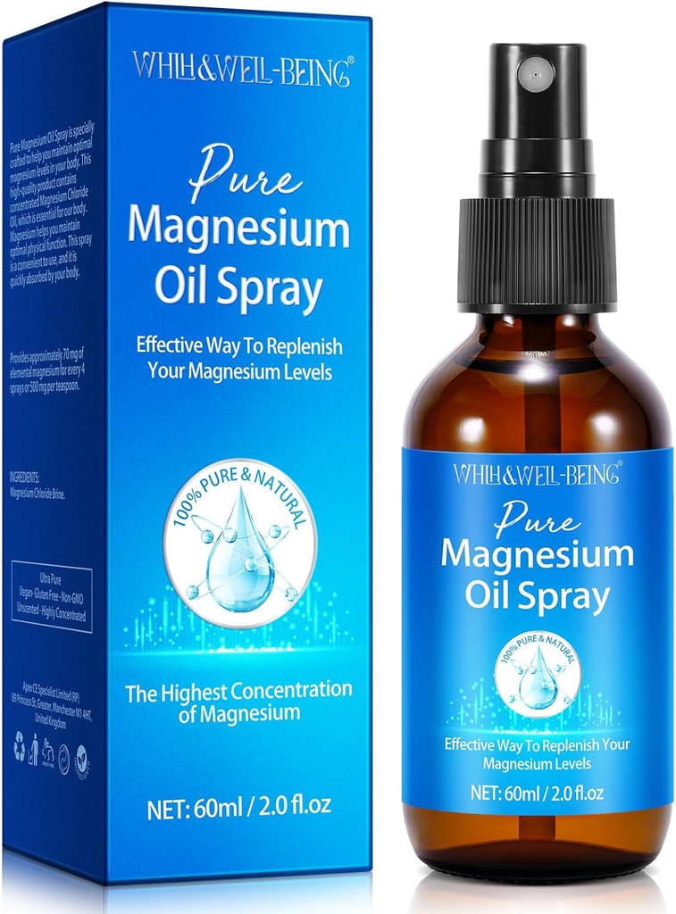 Magnesium Spray, Pure Magnesium Oil Spray til Feet, Natural Ingredient i glasflaske, Let at Absorb og Brug 1Pack