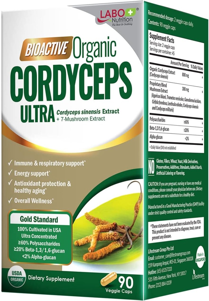 Labo Nutrition Bioactive Organic Cordyceps Ultra - 8 Mushroom Extract Supplement, Cordyceps, Reishi, Tyrkiet Tail, Maitake, Agaricus blazei, Shiitake, for Immunitet, Energi, Stamina, Ingen Fillers