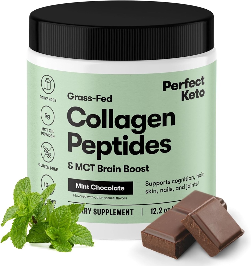 Perfekt Keto Collagen Protein Powder med MCT Oil - Grassfed, GF, Multi Supplement, Bedste til Ketogene Diets, Brug som Keto Creamer, i kaffe og shakes til kvinder & mænd (Mint Chocolate)