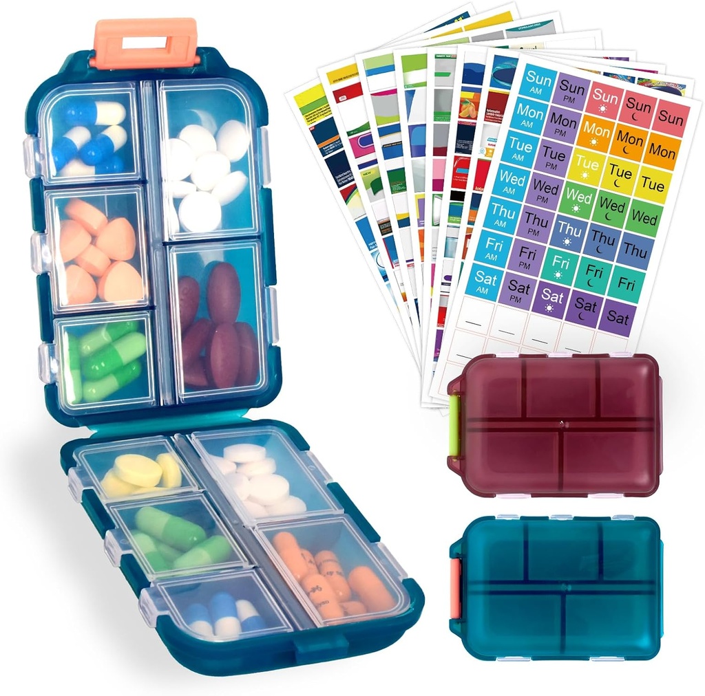 2 Pack Pill Organizer Travel Case - 10 Compartments Portable Medicine Container with 330 Labels, Double Lock Design (Blue & Chocolate, 2 Boxes)
