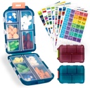 2 Pack Pill Organizer Rejsetilfælde - 10 Compartments Portable Medicine Container med 330 Labels, Double Lock Design (Blå & Chokolade, 2 bokse)