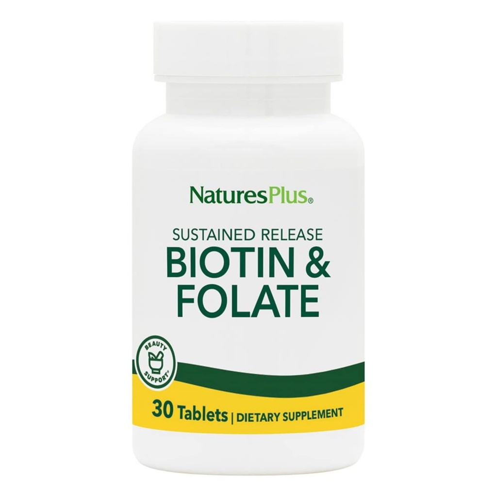 Natures Plus Biotin & folinsyre (methylfolat), Vedvarende udgivelse - 30 Vegetariske tabletter - vitamin B7 & vitamin B9, understøtter hårvækst, Energy Booster, prenatal Vitamin - Gluten- Free - 30 Serveringer