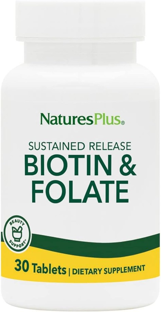 Natures Plus Biotin & folinsyre (methylfolat), Vedvarende udgivelse - 30 Vegetariske tabletter - vitamin B7 & vitamin B9, understøtter hårvækst, Energy Booster, prenatal Vitamin - Gluten- Free - 30 Serveringer