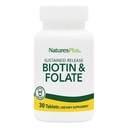 Natures Plus Biotin & folinsyre (methylfolat), Vedvarende udgivelse - 30 Vegetariske tabletter - vitamin B7 & vitamin B9, understøtter hårvækst, Energy Booster, prenatal Vitamin - Gluten- Free - 30 Serveringer