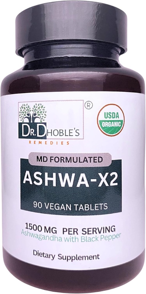 Ashwa X2, Md Formulerede Vegan tabletter med naturlige ingredienser & sort peber som øger biotilgængelighed, 1500mg, Ingen ekstrakt, USDA Organic