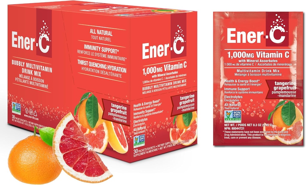 Energi- C Tangerin & Grapefrugt Multivitamin Drink Mix, 1000mg C-vitamin, ikke-GMO, Vegan, Real Fruit Juice Powders, Natural Immunity Support, Electrolytes, Gluten Free, 1- pakke med 30