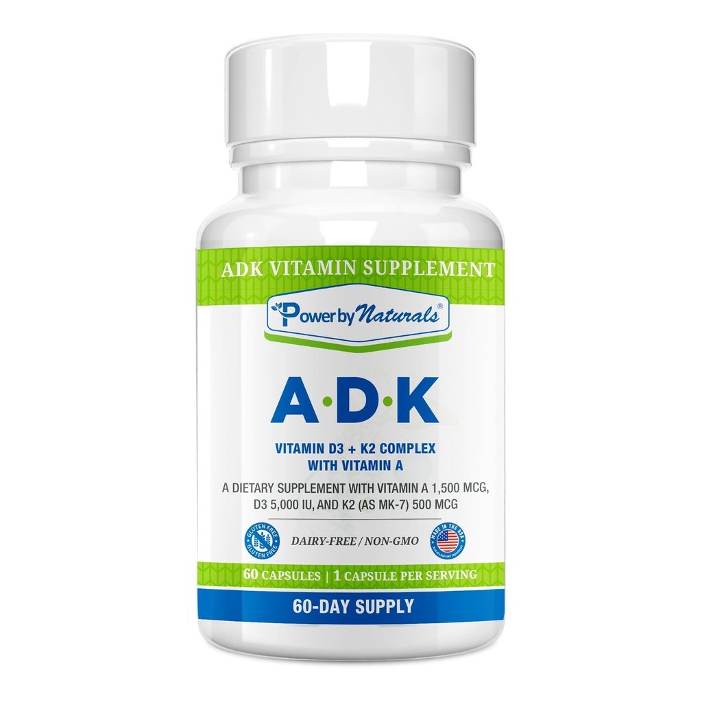 Power by Naturals ADK Vitamin Supplement - High Potence Blend of VIT A D3 K2 Vitamin 5000 iu - Support Bone, Heart & immunforsvar - 60 kapsler (2 måneder Supply)