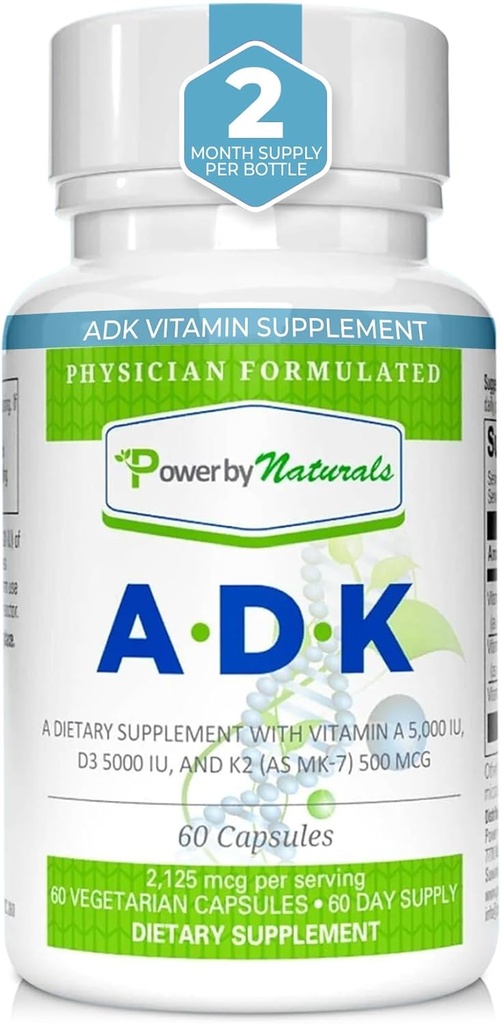 Power by Naturals ADK Vitamin Supplement - High Potence Blend of VIT A D3 K2 Vitamin 5000 iu - Support Bone, Heart & immunforsvar - 60 kapsler (2 måneder Supply)