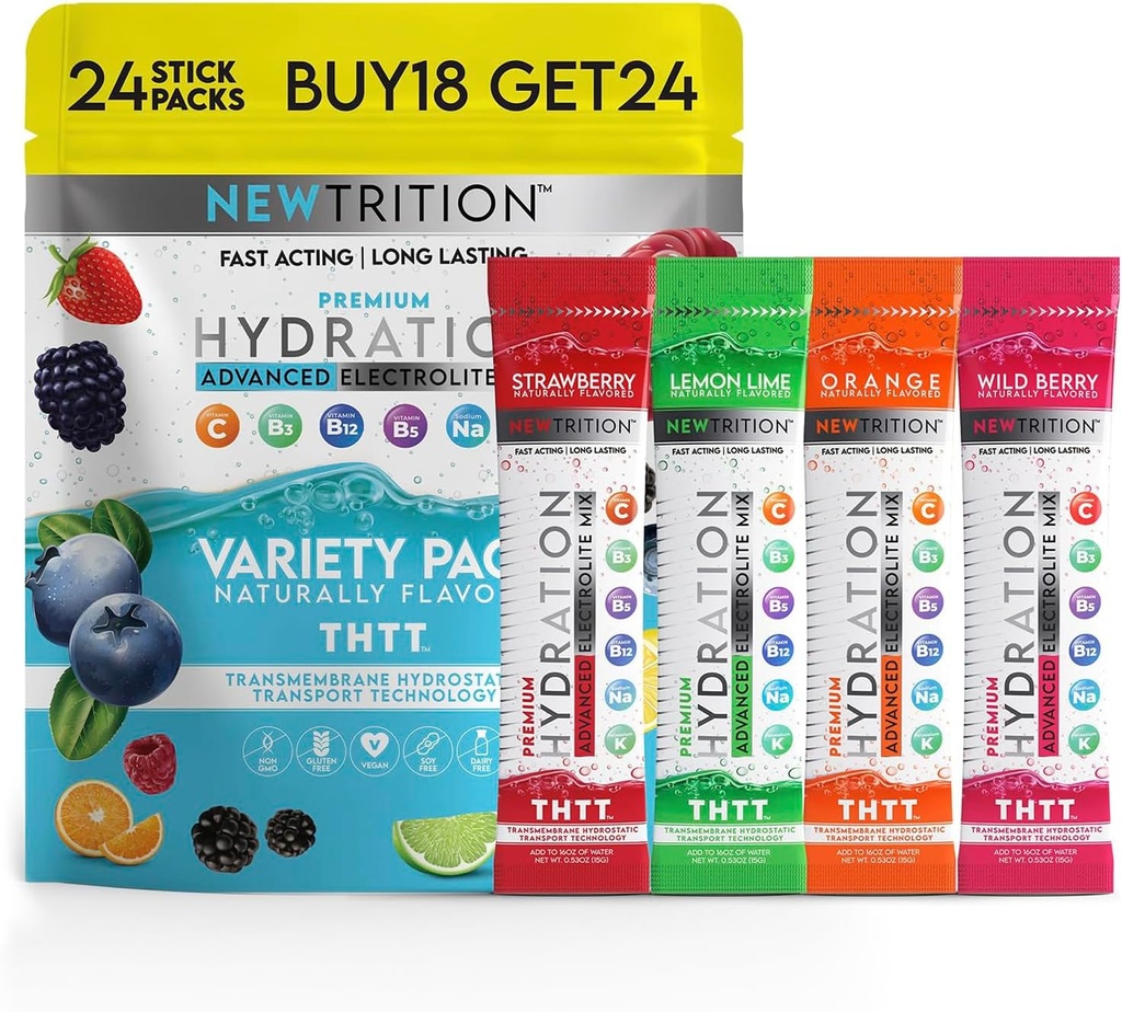 Hydration Powder, 4 Flavors, Pack of 24 Electrolyte Powder Packets, Naturally Flavored Hydrating Packets for Water, Fast Acting Hydrate Electrolytes with Vitamins B&C, Energy & Recovery