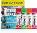 Hydrering Pulver, 4 Aromaer, Pakke med 24 Elektrolyte Powder Pakker, Naturligt Opløste Hydrating Pakker til Vand, Hurtig fungerende Hydrate Elektrolyter med Vitaminer B & C, Energi & Inddrivelse