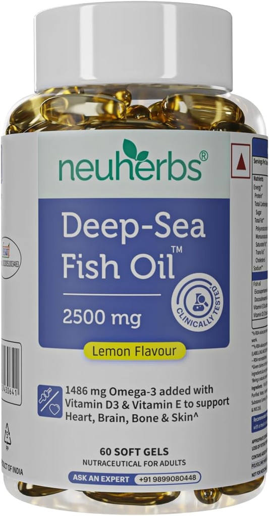 Neuherbs Deep Sea Fish Oil (60 Softgels) Omega 3 Supplement Triple Strength 2500 Mg for Muscle, Joints, Heart & Cognitive Support | No Fishy Burps with Lemon Flavour for Men & Women | (Pack of 1)