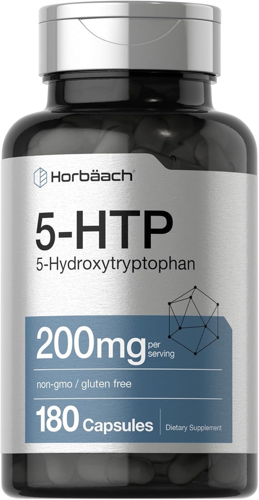 Horbäach 5HTP 200mg Supplement | 180 Capsules | 5 Hydroxytryptophan | Griffonia Simplicifolia | Extra Strength | Non-GMO, Gluten Free