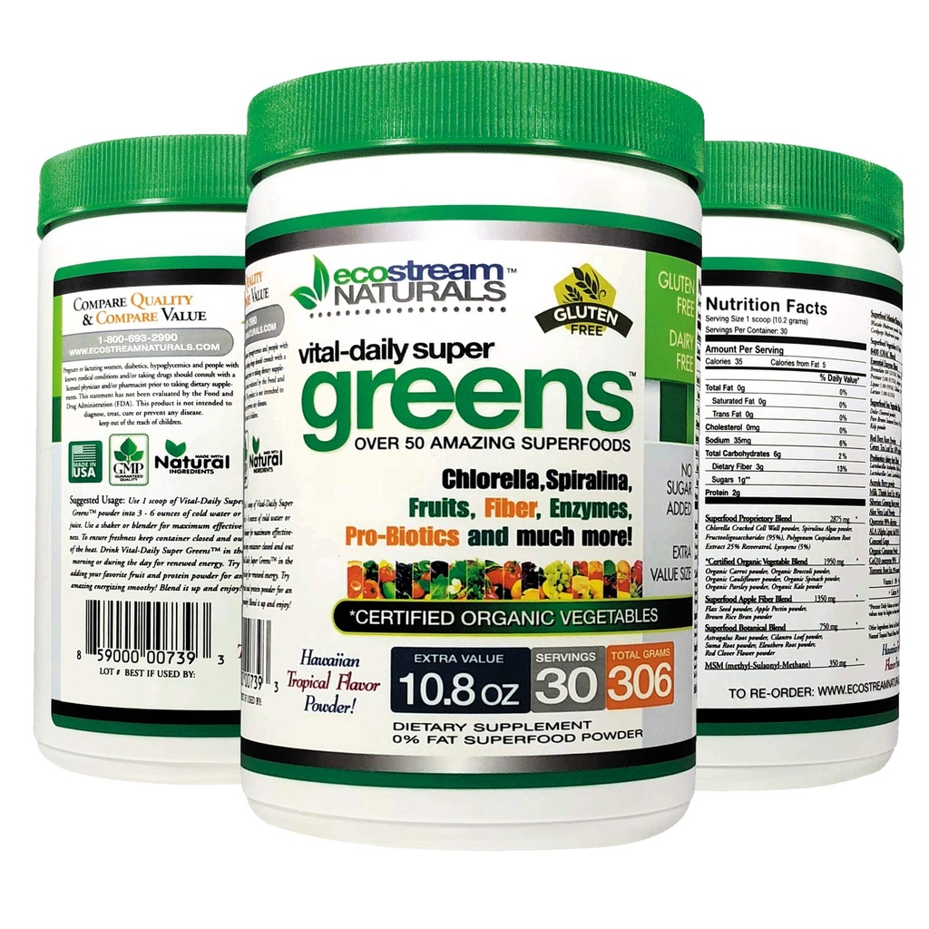 Vital First Daily Green Superfood Powder 50 Whole Super Foods med Spirulina, Chlorella, Flax Seed, Fiber og Enzymes med Organic Green - 30 Servere