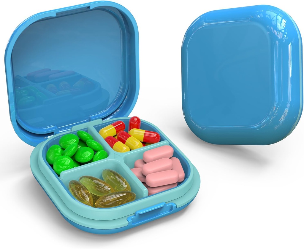 Daily Pill Organizer 4 afdelinger, Lille Pill Box Portable Travel Pill Case, Mini Pill Container til purse Pocket, Compact Travel Medicine Organizer til Vitamin, Torve Lever Oil, tillæg (blå)