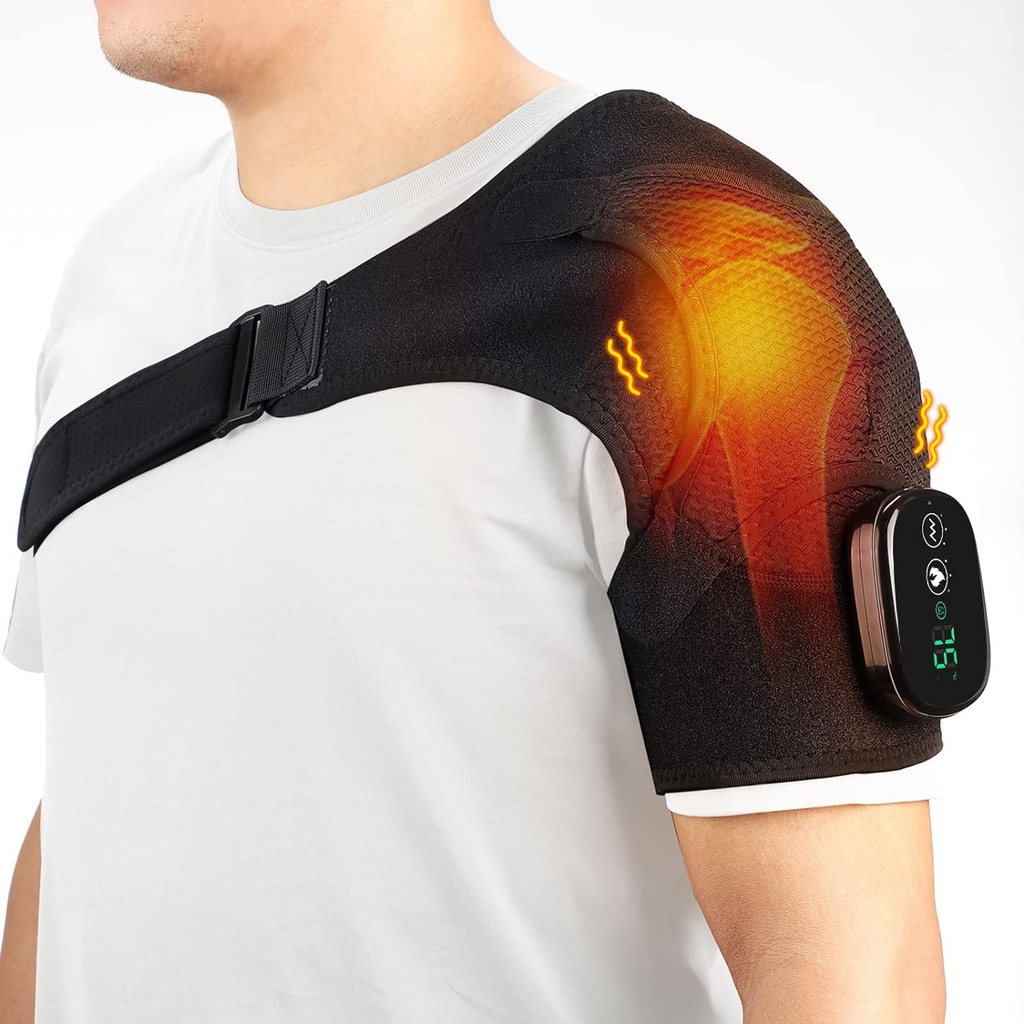 Cordless Skulder Opvarmning Pad, Opvarmet Skulder Brace med Vibration, Skulder Massør for mænd Kvinder Smerte Relief