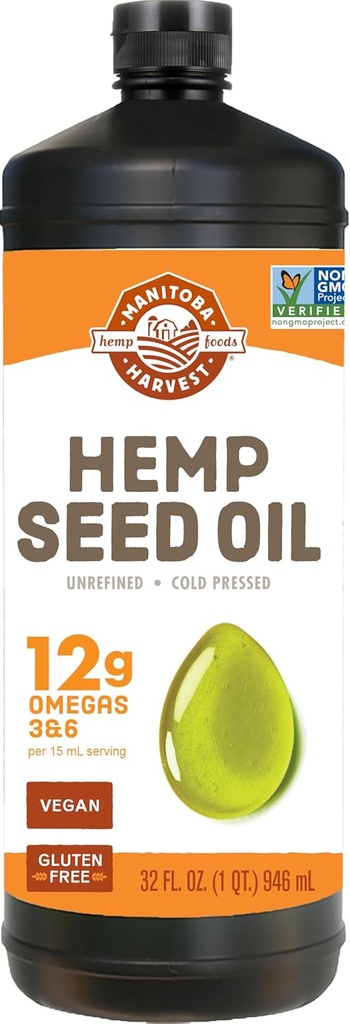 Manitoba Høst Hamp Seed Oil, Cold Pressed, Premium Quality, 12g Omegas 3 & 6 Per Servering, Hydrate & Nourish Skin - Ikke GMO, Vegan, Gluten Free, Great for madlavning, salatdressinger, 32 Fl Oz