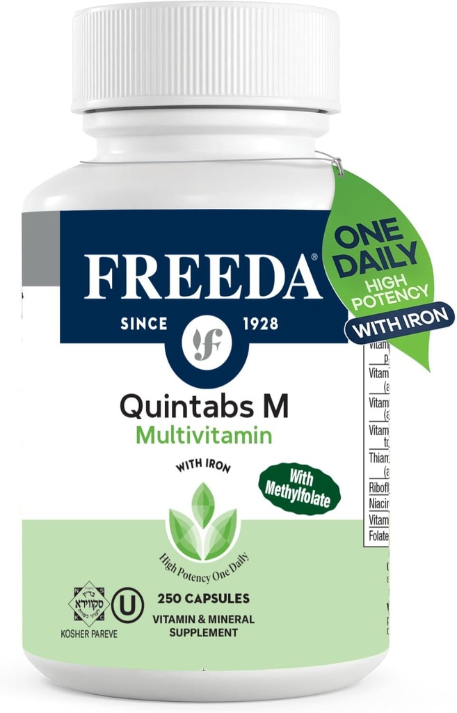 FREEDA Multivitamin One Daily - Quintass-M med jern - Kosher Multi Vitaminer Kosttilskud til kvinders sundhed - Multivitaminer til kvinder & Iron- Mangelfulde mænd Voksne Vitaminer Multivitamin (250)