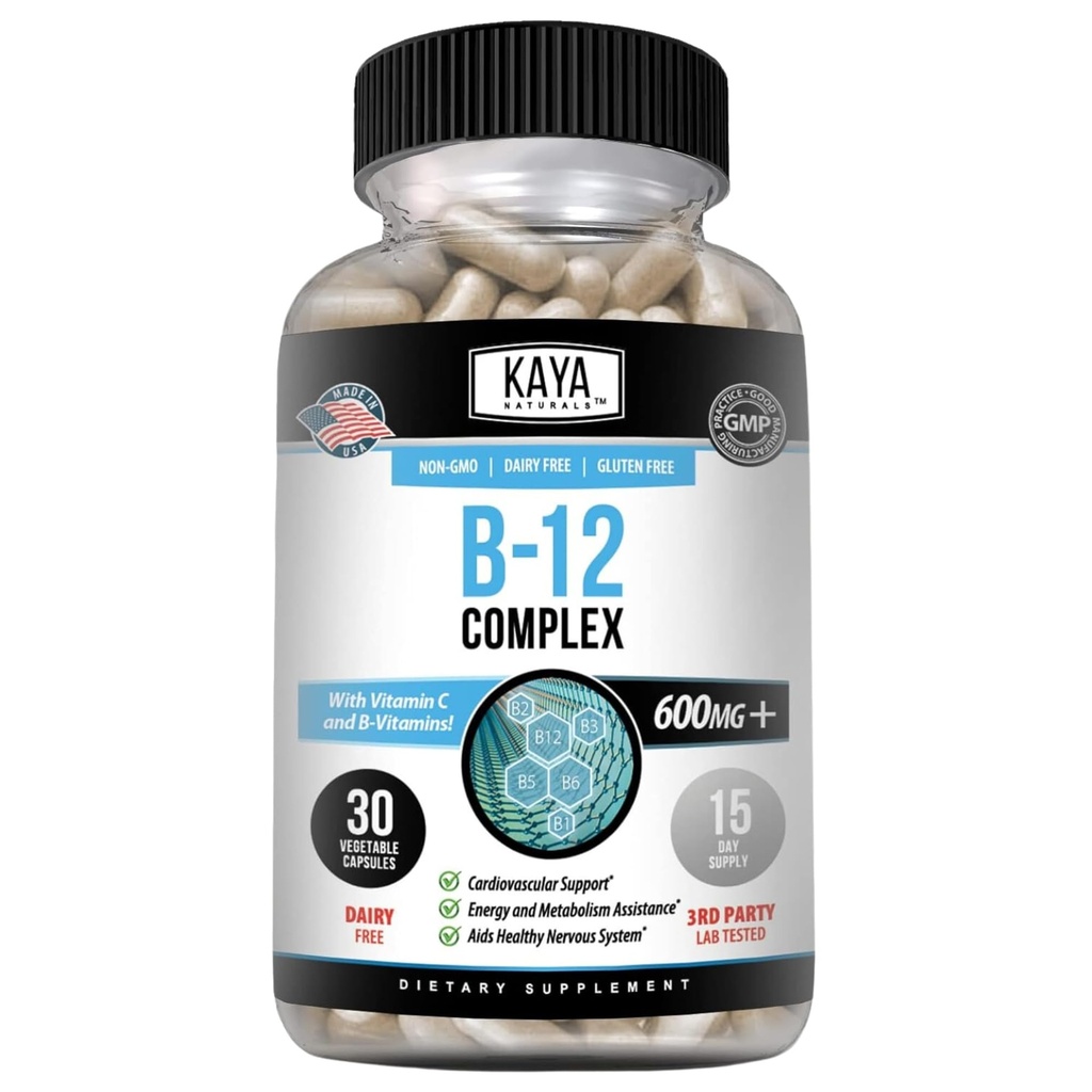 Kaya Naturals B- 12 Complex Tex124; Multivitamin supplement til kvinder & mænd energi og Metabolisme Booster Tex124; B- Complex Vitamin med Biotin, Cholin, Inositol, Folat, og C-vitamin - 30 kapsler