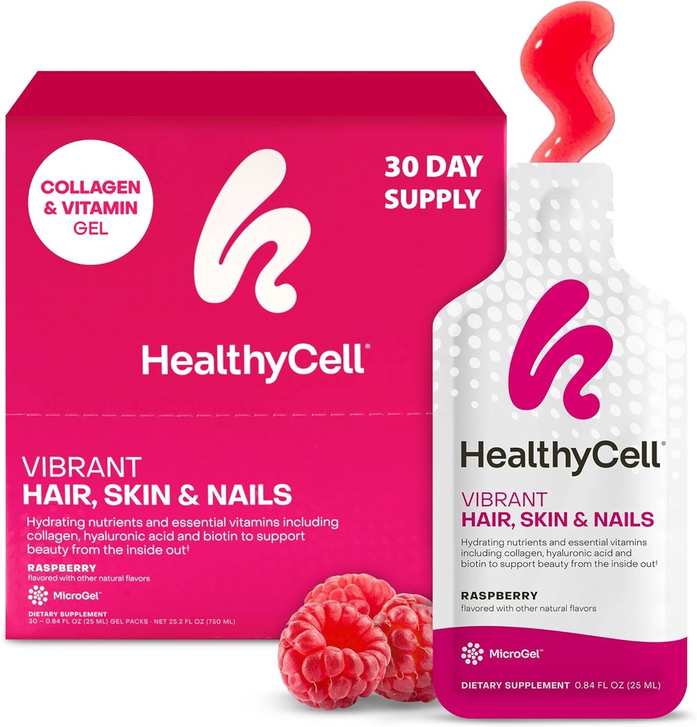 Healthycell Vibrant Hår Hud & Nails Dagligt flydende tillæg - Skønhed kosttilskud med hydrerende næringsstoffer & essentielle vitaminer - Collagen, Biotin & Hyaluronsyre - 30 Gel pakker