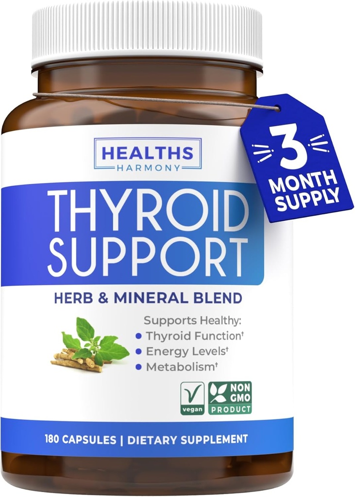 Thyreoideastøtte med jod - 180 kapsler (non-GMO) Forbedre din energi - Ashwagandha Root, Zink, Selenium, Vitamin B12 Complex - Thyreoideatilskud til kvinder og mænd - 90 dages forsyning