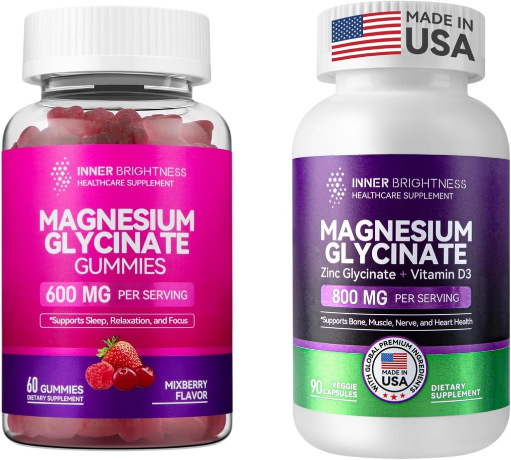 Magnesiumglycinat Glycinate Gummies til voksne, søvn, afslapning & fokus, blandet berry flavor & kapsler med zink & vitamin D3 til dvalestøtte