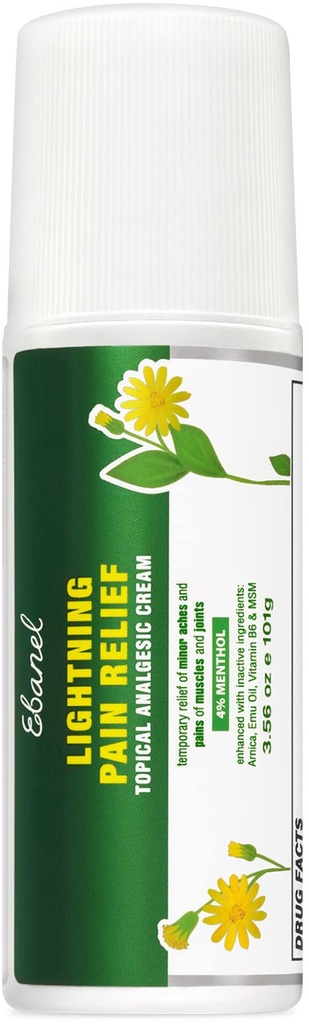 Ebanel Smerte Relief Roll On for Gigt, Foot, Tilbage, Joint, Neck, Strops & Sprains med Menthol, Camphor, Arnica, Emu Oil, MSM, Boswellia, Målrettet Muskel Smerte Relief Roll On