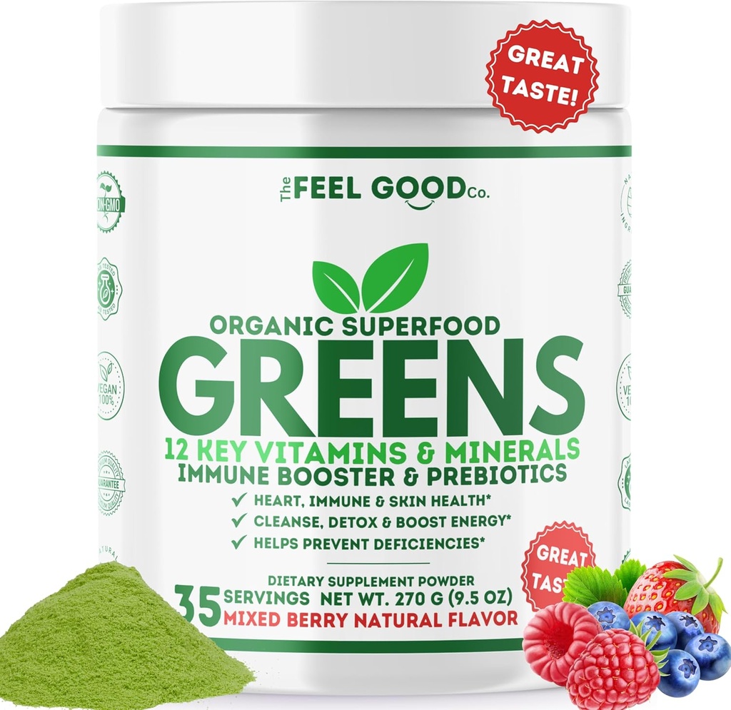 The Feel Good Super Green Powder - Organic Green Juice, Hvedegræs Ingen tilsat sukker, Spirulina, Chlorella, Probiotika, fordøjelsesenzymer, Antioxidant Rich, Immunity Boost Green Superfood, 35 SVG, Daglig