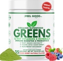 The Feel Good Super Green Powder - Organic Green Juice, Hvedegræs Ingen tilsat sukker, Spirulina, Chlorella, Probiotika, fordøjelsesenzymer, Antioxidant Rich, Immunity Boost Green Superfood, 35 SVG, Daglig