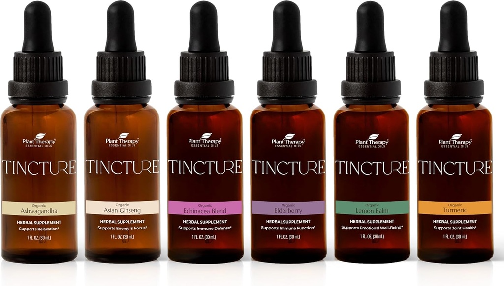 Plant Terapi Organic Tinctures Beginner Set 30 mL Hver af Organic Ashwagandha, Asian Ginseng, Echinacea Blend, Elderberry, Lemon Balm & Gurmerisk