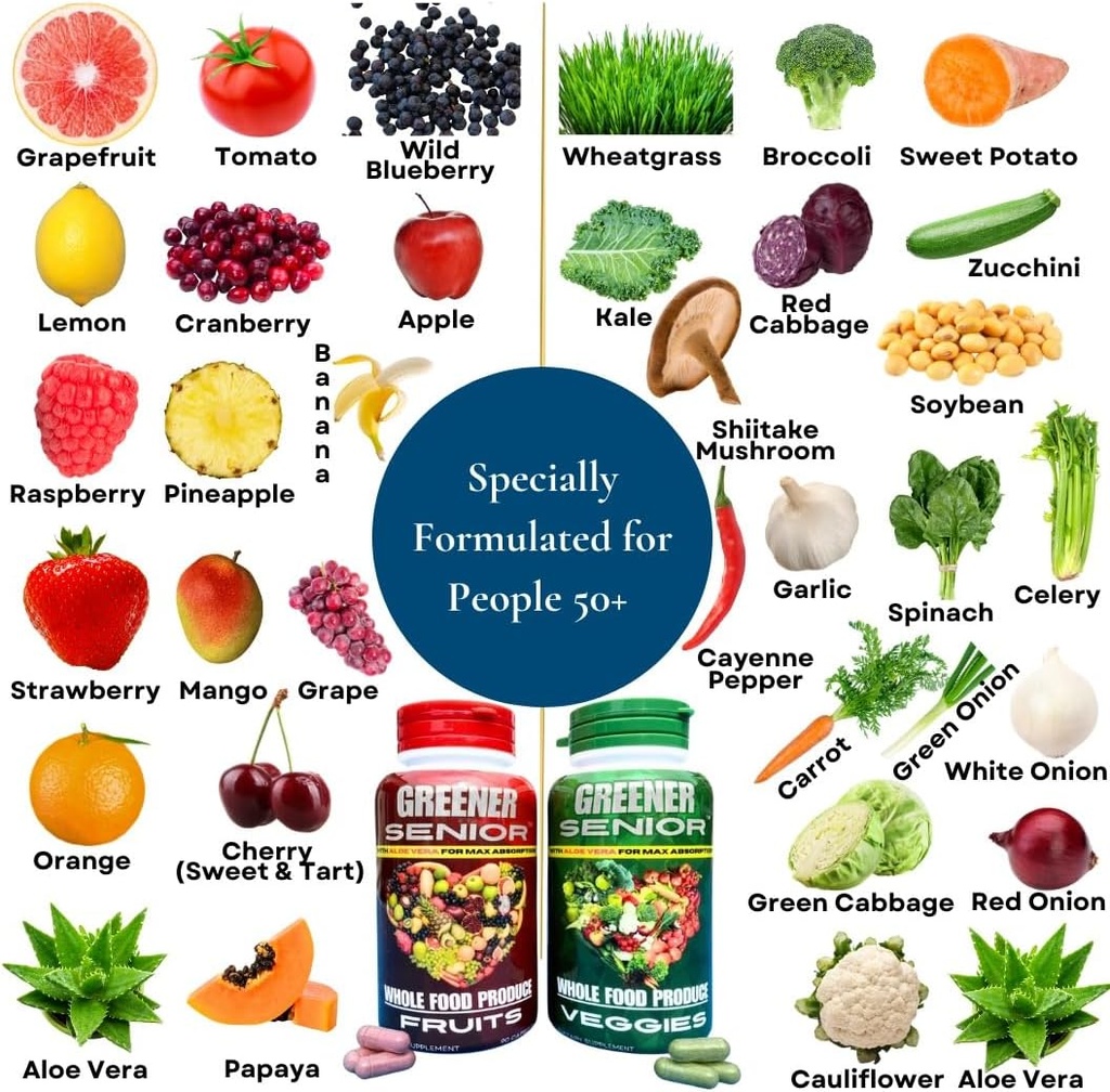 Frugt & Veggie hele kosttilskud - Formuleret til seniorer for Max Absorption - 90 Frugtkapsler og 90 Veggie kapsler - 1 sæt