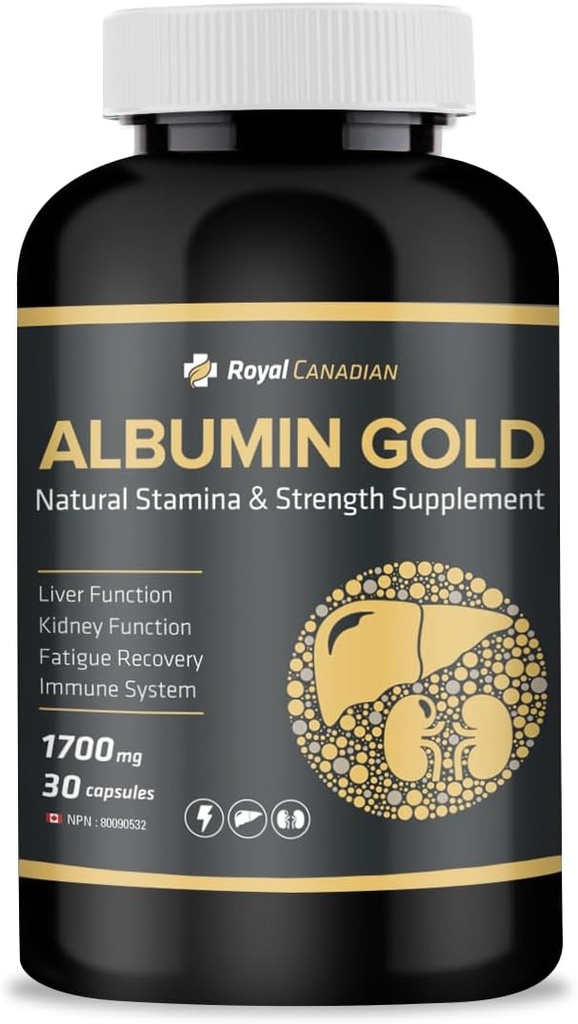 Royal Canadian Albumin Gold 1700mg • 124; Lever funktion • 124; Nyre funktion • 124; Træthed • 124; immunsystem (30 x 1700mg kapsler)