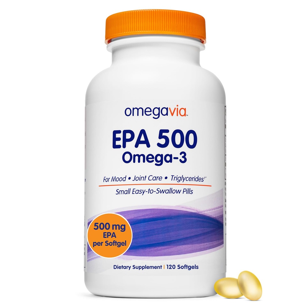 OmegaVia EPA 500, Renset Omega-3 Fish Oil Supplement, 500 mg EPA i triglycerid form, Burpless Fish Oil, non-GMO, Gluten- Free, IFOS 5- Star, 120 Softgels
