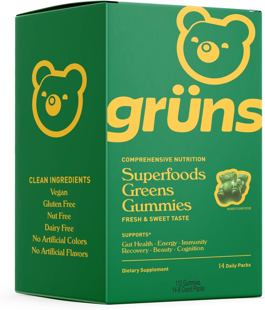 Gruns Super Green Gummy Bears - Organic Spirulina og Chlorella, Prebiotika til fordøjelse, 20 + Vitaminer og mineraler - 14 breve - 112 Gummies