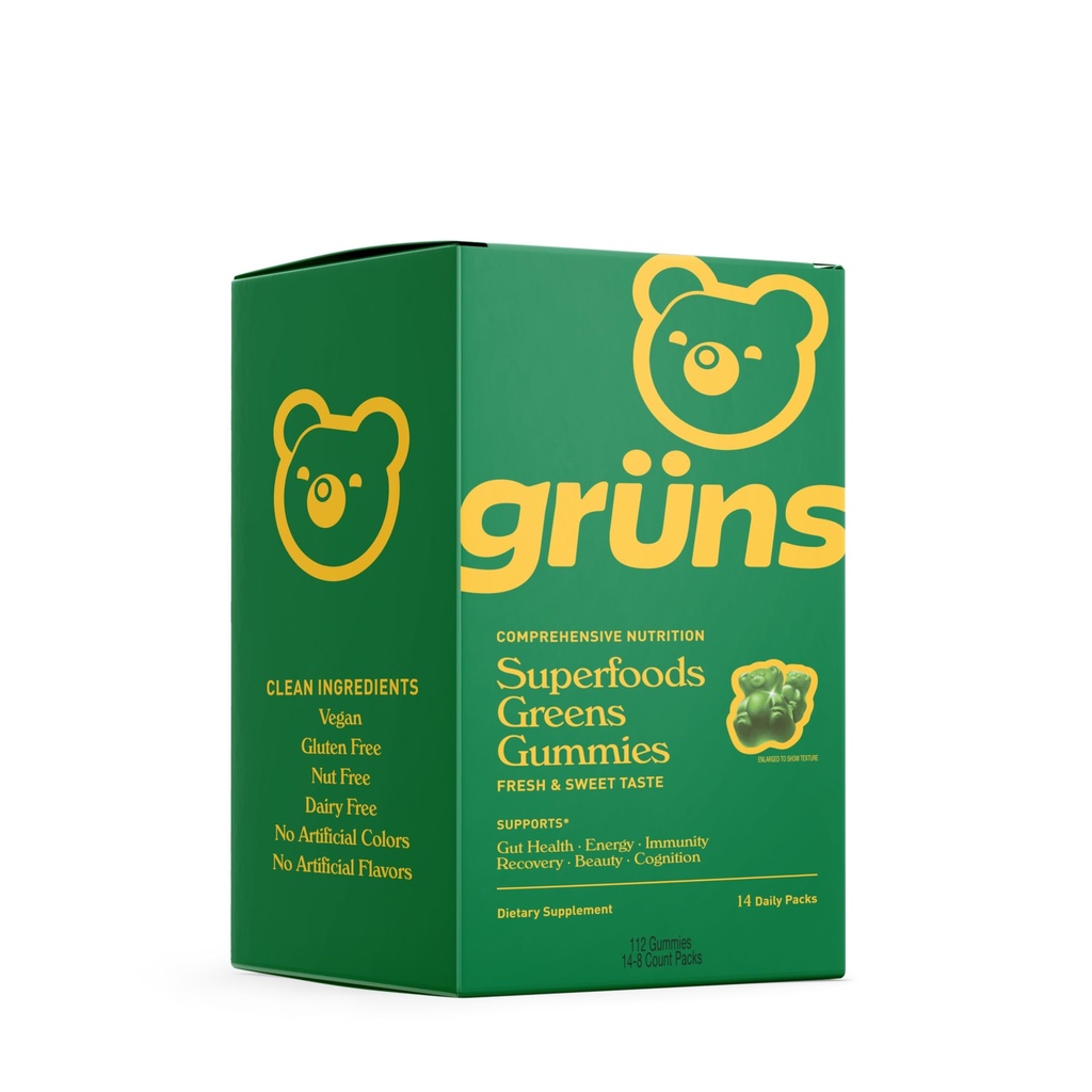 Gruns Super Green Gummy Bears - Organic Spirulina og Chlorella, Prebiotika til fordøjelse, 20 + Vitaminer og mineraler - 14 breve - 112 Gummies