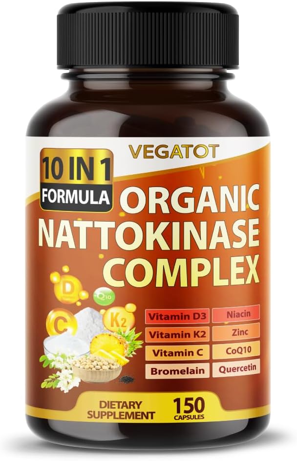 VEGATOT Organic Nattokinase Complex - 10IN1 Formel D3 Vitamin, Niacin, Vitamin K2, Zink, CoQ10, Quercetin - Made in the USA (150 Count (pakke med 1))