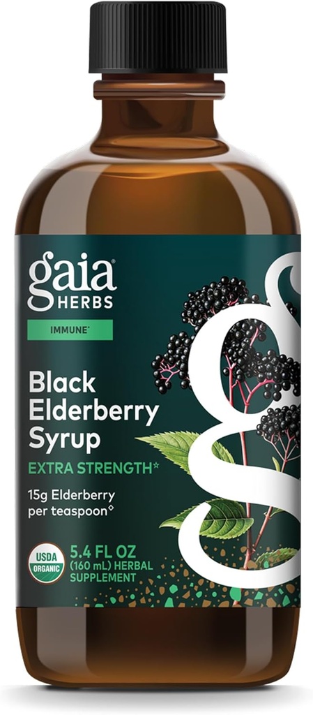 Gaia urter Black Elderberry Syrup - immunsupportsupplement - Lavet med Organic Black Elderberries (Sambucus nigra) til immunsystemet * - USDA Certified Organic Formel - 5,4 Fl Oz (32- Day Supply)
