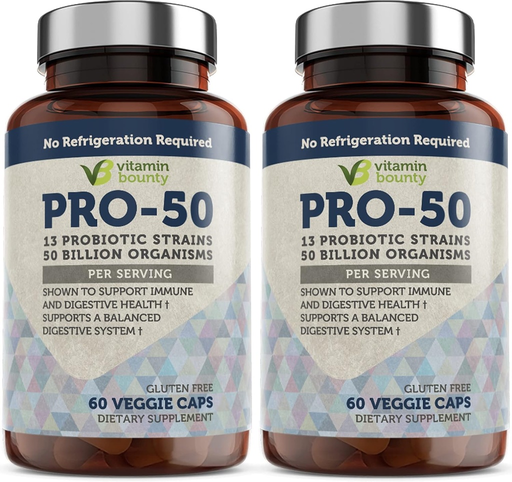 Vitamin Bounty Pro- 50 Probiotisk 50 Millioner CFU - 13 Strå supplement til mænd og kvinder + Prebiotics - fordøjelsessygdomme & Gut Support - Lactobacillus & Bifidobacterium - forsinket frigivelse kapsler, 2 Pack