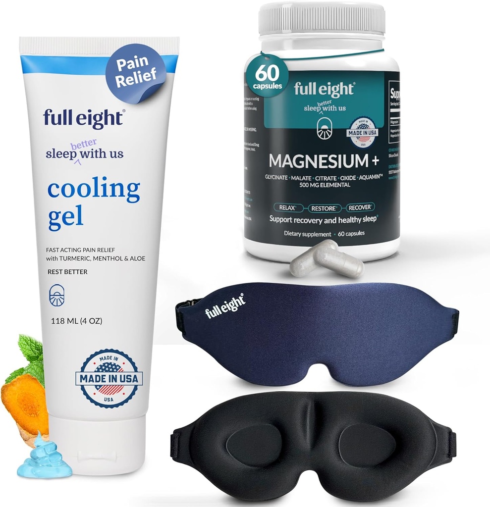 Sove & komfort: Magnesium + 500 MG for dyb søvn 60 Caps, Fast-Active Cooling Gel Rub til lindring Comfort 4 oz & 3D Light Blocking Sleep Mask One Size